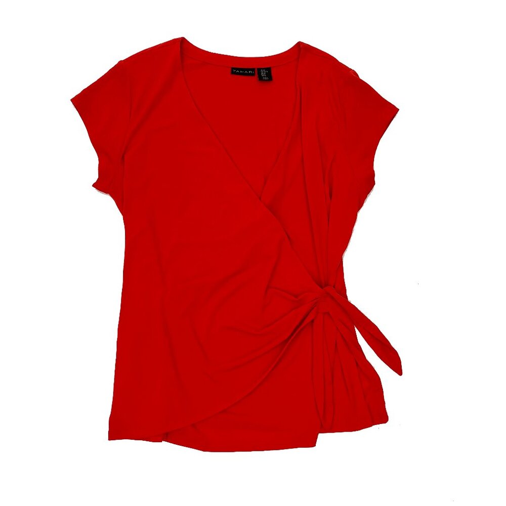 Tahari Wrap Top Knot Front Stretch V-Neck Blouse Shirt Womens XL X-Large Red